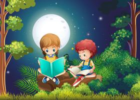 Ragazzo e ragazza leggendo libri nel bosco di notte vettore