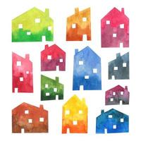 acquerello case clip art illustrazione insieme di elementi città design architettura edifici semplice stile scandinavo isolato su sfondo bianco vettore