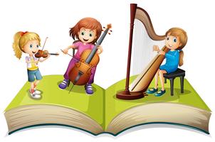 Bambini che giocano musica sul libro per bambini vettore