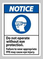 segnale di avviso non funzionare senza protezione per gli occhi, la mancata usura dei DPI appropriati può causare lesioni agli occhi vettore