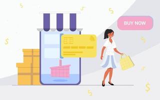 biglietto da visita con shopping online design moderno sito web piatto shopping online marketing digitale negozio business illustrazione vettoriale concetto marketing rete acquisto pagamento