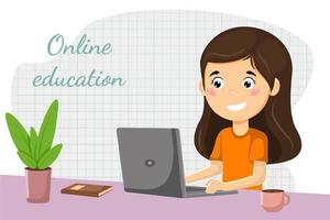 apprendimento online giovane ragazza che studia su un computer portatile illustrazione vettoriale concept