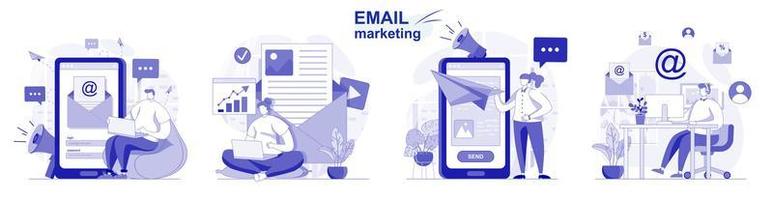 set di email marketing isolato in design piatto. le persone inviano messaggi pubblicitari, promozioni commerciali, raccolte di scene. illustrazione vettoriale per blog, sito Web, app mobile, materiali promozionali.