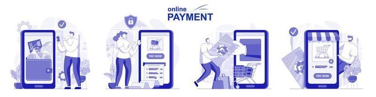 pagamento online isolato set in design piatto. persone che effettuano transazioni bancarie utilizzando applicazioni, raccolta di scene. illustrazione vettoriale per blog, sito Web, app mobile, materiali promozionali.