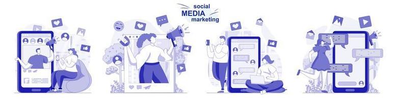 social media marketing isolato set in design piatto. le persone sviluppano strategie di promozione, pubblicità, raccolta di scene. illustrazione vettoriale per blog, sito Web, app mobile, materiali promozionali.