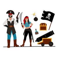 pacco pirata. un paio di ragazze pirata e un ragazzo, diversi oggetti da pirata. illustrazione vettoriale