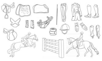 grande set di equipaggiamento per il cavaliere e munizioni per il cavaliere a cavallo illustrazione in stile linea libri da colorare vettore