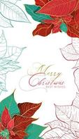 Natale poinsettia storie di auguri banner o web card con i migliori auguri in uno stile elegante. foglie rosse e verdi con linea dorata su sfondo bianco vettore