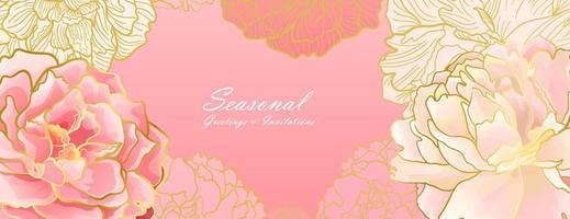 banner di intestazione di peonia rosa tenue con linea fredda in una tavolozza di colori delicati asiatici. arredamento botanico per la stampa e il web e i social network vettore