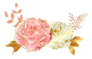 vignetta floreale con fiori di peonie rosa tenue e oro. arredamento di eleganza botanica per matrimoni e feste romantiche, per la progettazione di cosmetici o profumi vettore