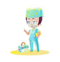 personaggio medico maschio dei cartoni animati con scatola di vaccini. disegno nello stile di manga e anime. stile cartone animato infantile con colori vivaci vettore