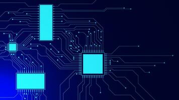 blu circuito tavola con microchip processore. grande dati visualizzazione. quantistico computer e digitale tecnologia concetto su buio blu sfondo. vettore illustrazione.