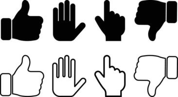 mano gesti icona impostato nel piatto, linea stile. isolato su incluso icone come dita interazione, pollice su, pollice fuori uso, indice, mano uso per fermare simboli. vettore app, sito web