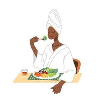 un' donna godere mangiare fatti in casa insalata a casa. un' donna dieta con pulito mangiare per sua Salute piatto vettore illustrazione. un' donna godere mediterraneo dieta con salutare cibo, fresco verdure e frutta.