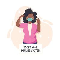 potenzia il tuo sistema immunitario con una donna afro che indossa una maschera medica vettore