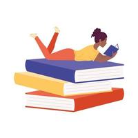 donna afro che legge un libro nei libri, celebrazione del giorno del libro vettore