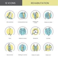impostato di colore icone riabilitazione, vettore illustrazione camminatori per adulto, con canna e stampelle, rotto braccio