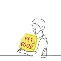 uomo Tenere grande Borsa di animale domestico cibo - uno linea disegno vettore. concetto il acquirente di il proprietario di il animale cane o gatto detiene un' pacchetto con cibo vettore
