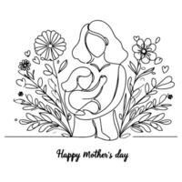 internazionale Da donna giorno carta, donna Tenere sua bambino nel cuore con continuo uno nero schema linea disegno contento madri giorno bandiera scarabocchio stile vettore illustrazione