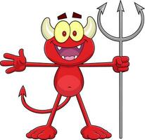 contento poco rosso diavolo cartone animato personaggio con forcone. vettore mano disegnato illustrazione