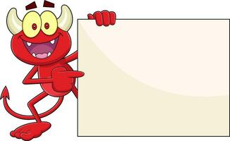 contento poco rosso diavolo cartone animato personaggio puntamento per vuoto cartello. vettore mano disegnato illustrazione
