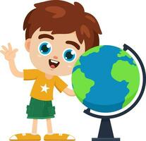 contento scuola ragazzo cartone animato personaggio mostrando il globo. vettore illustrazione piatto design