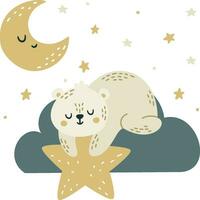 piatto vettore illustrazione nel figli di stile. carino polare bianca orso addormentato su un' nube. detiene un' stella nel il suo zampe. notte cielo e Luna