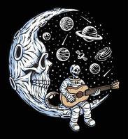 astronauta che suona la chitarra sull'illustrazione della luna del teschio