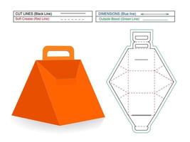 scatola per alimenti triangolare con manico per buttole, tazza, modello dieline modificabile cosmetico e scatola 3d vettore
