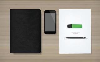 sfondo aziendale di foglio di carta bianco, taccuino, smartphone, tazza di caffè e matita su fondo di legno. illustrazione vettoriale. vettore