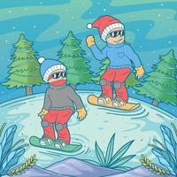ragazzi che sciano in montagna in inverno vettore