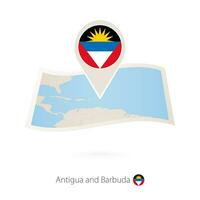 piegato carta carta geografica di antigua e barbuda con bandiera perno di antigua e barbada. vettore