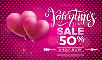 san valentino giorno vendita design con rosso cuore Palloncino su rosa sfondo. vettore speciale offrire illustrazione per buono, striscione, voucher; tagliando o promozionale manifesto.