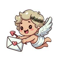 contento carino poco angelo Tenere un' arco e un' amore lettera, bambino Cupido, Dio Eros. San Valentino giorno cartone animato vettore