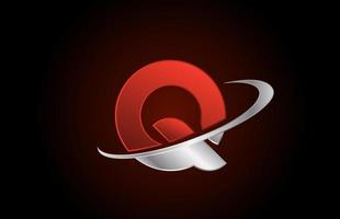 q icona del logo della lettera dell'alfabeto in metallo rosso per l'azienda con design swoosh grigio vettore