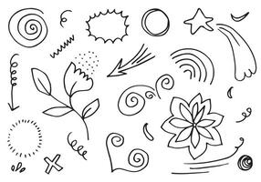 foglie, cuori, astratti, nastri, frecce e altri elementi in stili disegnati a mano per i concept design. illustrazione di scarabocchio. modello vettoriale per la decorazione