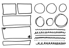 doodle linee vettoriali e curve. segni di controllo e frecce disegnati a mano. insieme di semplici linee di doodle, curve, cornici e punti. raccolta di effetti a matita. bordo di scarabocchio. semplice set di scarabocchi.