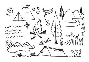 mano disegnato campeggio e escursioni a piedi elementi, isolato su bianca sfondo.campeggio scarabocchio icone schizzo mano fatto. vettore