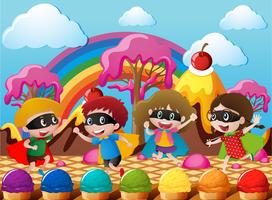 Bambini felici in costume da eroe in candyworld vettore