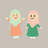 musulmano ragazzo, poco ragazza Ramadan cartone animato vettore illustrazione. carino femmina bambino nel tradizionale Abiti. contento e sorridente bambini personaggio nel hijab. musulmano ragazza nel diverso azione