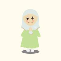 musulmano ragazzo, poco ragazza Ramadan cartone animato vettore illustrazione. carino femmina bambino nel tradizionale Abiti. contento e sorridente bambini personaggio nel hijab. musulmano ragazza nel diverso azione