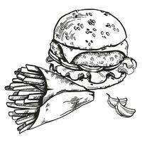 vettore illustrazione di francese patatine fritte nel mestiere carta e hamburger, aglio, mano disegnato schizzo di veloce cibo, nero e bianca inchiostro cibo illustrazione isolato su bianca sfondo