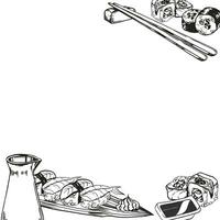 vettore illustrazione di giapponese cibo tema con rotoli, Sushi, sashimi, soia salsa, bacchette, mano disegnato inchiostrato monocromatico schizzo di frutti di mare, telaio isolato su bianca sfondo
