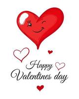 felice biglietto di auguri di san valentino con carattere di cuore rosso giocoso dei cartoni animati. cartolina vettoriale