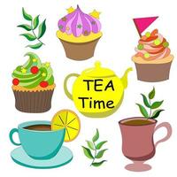 è ora di bere il tè. deliziosi cupcakes colorati con crema al burro e decorazioni, tazza di tè, caffè con bollitore giallo. bevi una bella tazza di tè. illustrazione vettoriale