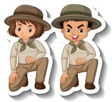 i bambini di coppia indossano l'adesivo del personaggio dei cartoni animati con l'abito da safari vettore