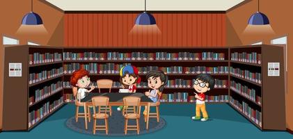 interno della biblioteca scolastica con gruppo di bambini vettore
