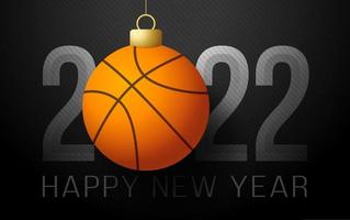 2022 felice anno nuovo. biglietto di auguri sportivo con palla da basket dorata sullo sfondo di lusso. illustrazione vettoriale. vettore