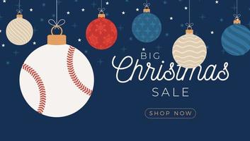 biglietto di auguri di Natale di baseball. buon natale e felice anno nuovo banner sportivo cartone animato piatto. palla da baseball come una palla di Natale sullo sfondo. illustrazione vettoriale. vettore