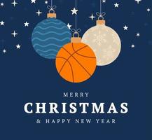 biglietto di auguri di natale basket. buon natale e felice anno nuovo banner sportivo cartone animato piatto. palla da basket come una palla di Natale sullo sfondo. illustrazione vettoriale. vettore